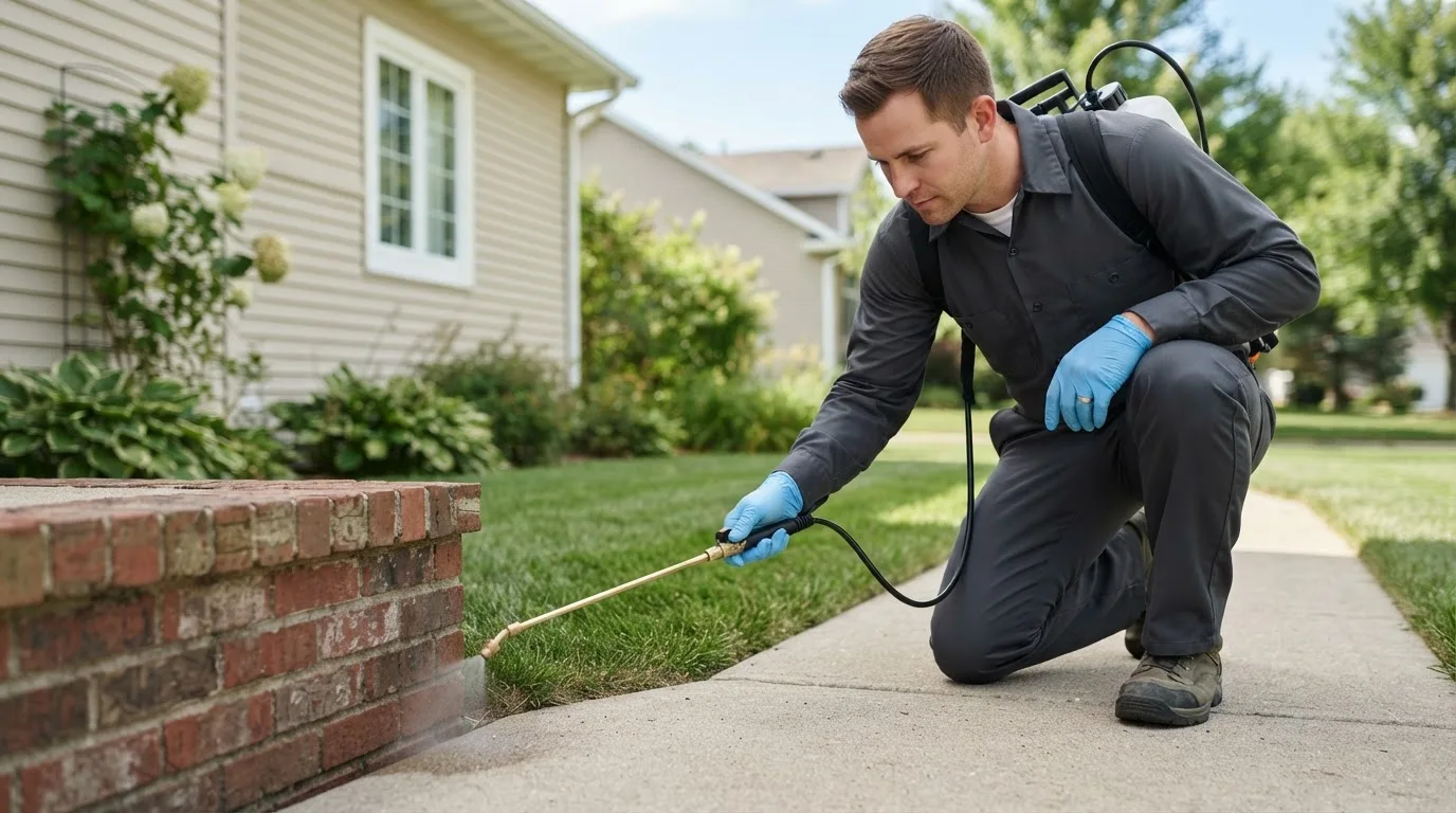 Pest control technician treating a home near Greensburg, IN