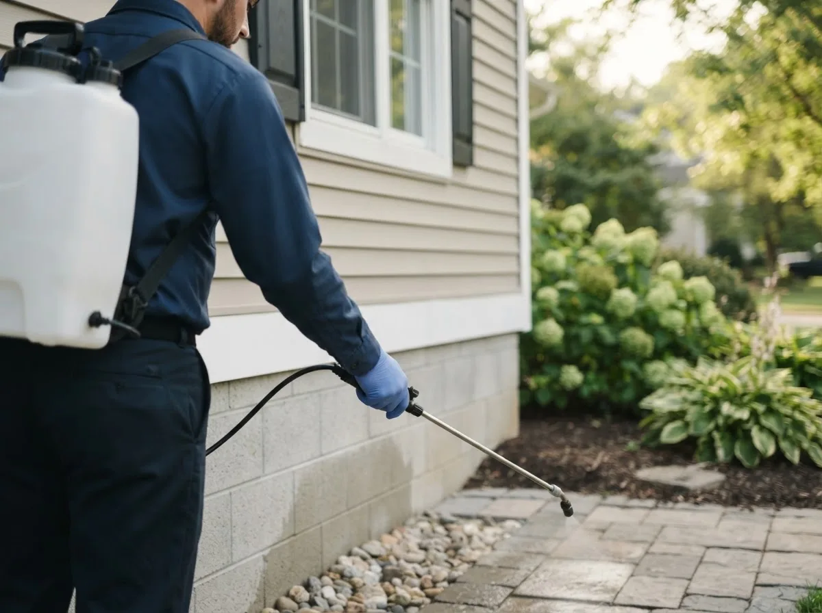 Pest control technician inspecting a home in Greensburg, IN